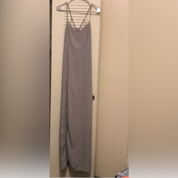 Bershka Dresses & Skirts - NWOT Bershka silk maxi dress S taupe long low back low side lace strappy slit